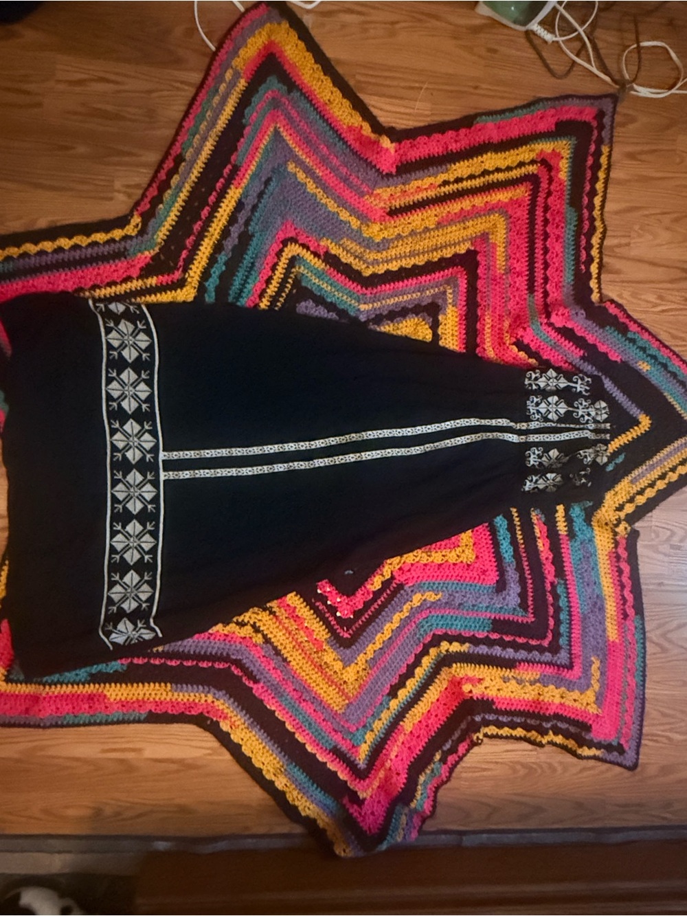 Embroidered Black Maxi Skirt with Geometric Trim
